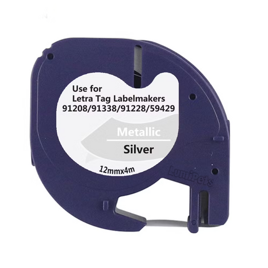 Cinta tipo Letratag para Rotuladora DYMO 12mm x 4m | Metálica 91338 Plateada LumiPets