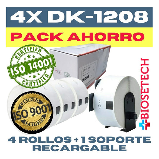4 Rollos + Soporte Etiquetas Dk-1208 38mm X 90mm | 1600 Etiq