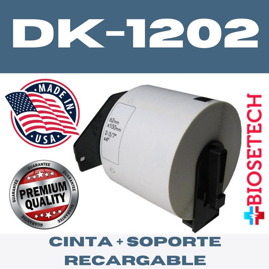 Rollo +  Soporte Recargable Dk-1202, 62mm X 100mm 300 Etiq.