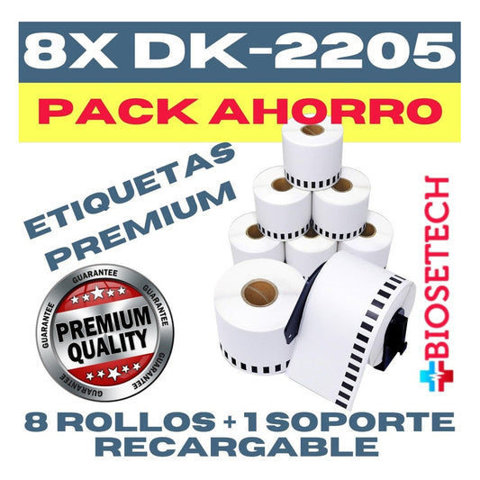 8 Rollos + Soporte Etiquetas Continuas Dk-2205 62mm X 30.48m