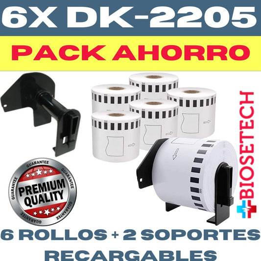6 Rolls + 2 supports Continuous Label Dk-2205 62mm X 30.48m