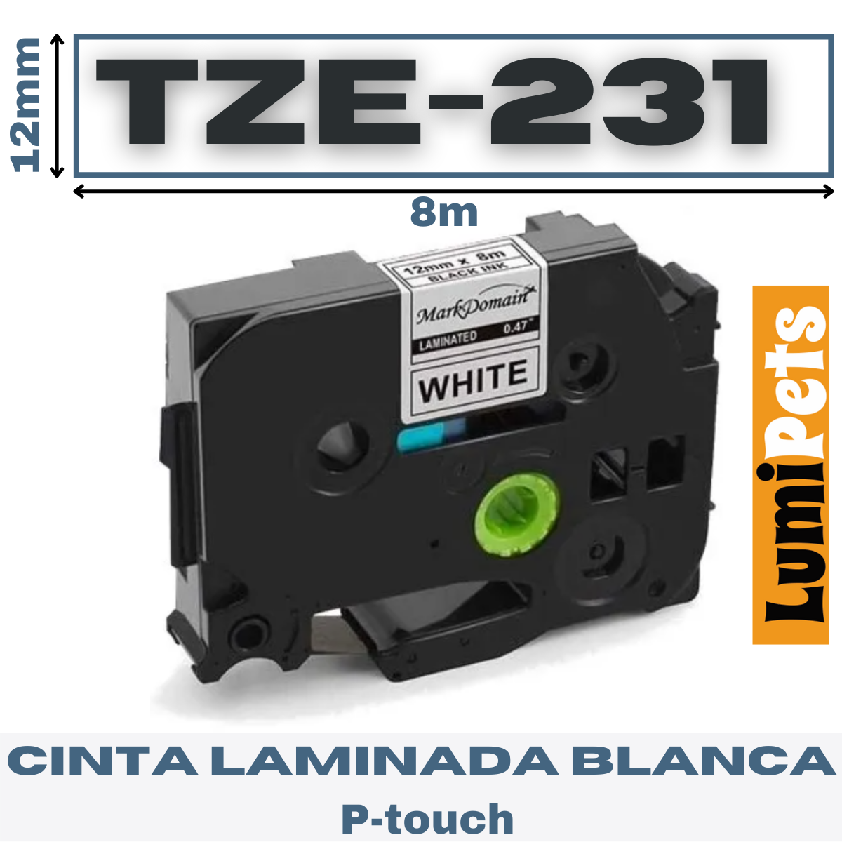 Cinta Tze-231 Para Rotuladora Brother Modelo Pt, 12mm X 8m
